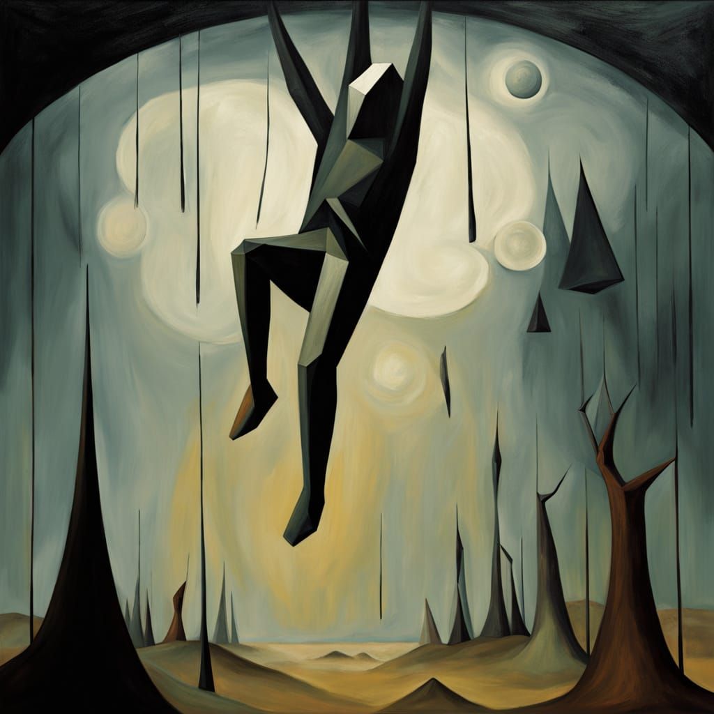 Surreal Figure Hangs in Void of Abstract Concepts