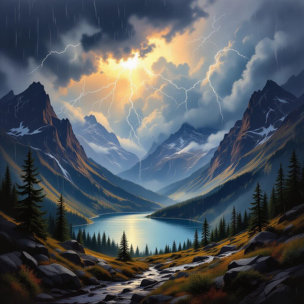 Dramatic Mountain Pass Under Stormy Skies with Lightning