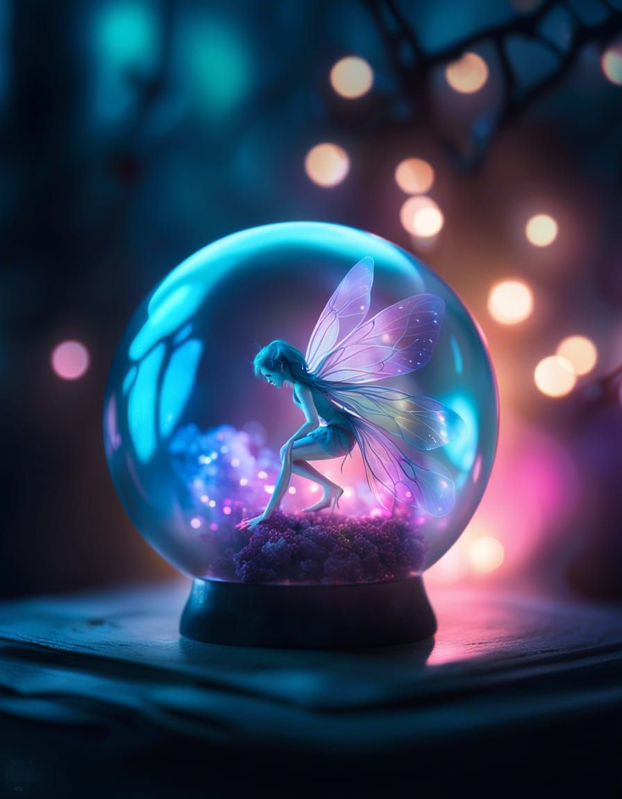 Delicate Fairy in Glass Orb: Hyper-Realistic Digital Art