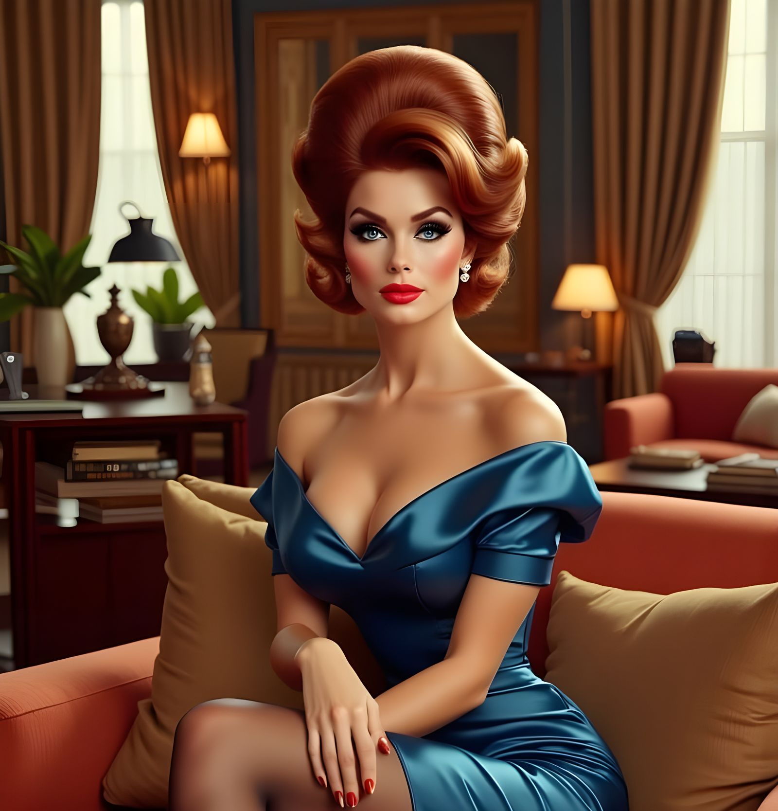 Elegant 1960s Mod Woman Sips Afternoon Tea in Luxurious Livi...