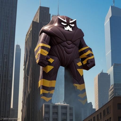 Though made of sweet treats, a deceptive disguise,
He melts buildings with lasers, a villain in size.