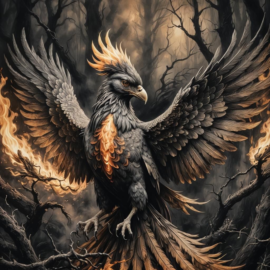 Phoenix Rising: Hyperdetailed Charcoal Drawing in Mystical F...