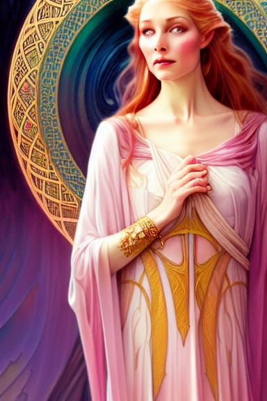 Galadriel by Anna Dittmann and Alphonse Mucha. Clothed in royal dress. Incredibly detailed, maximalist matte painting. P...
