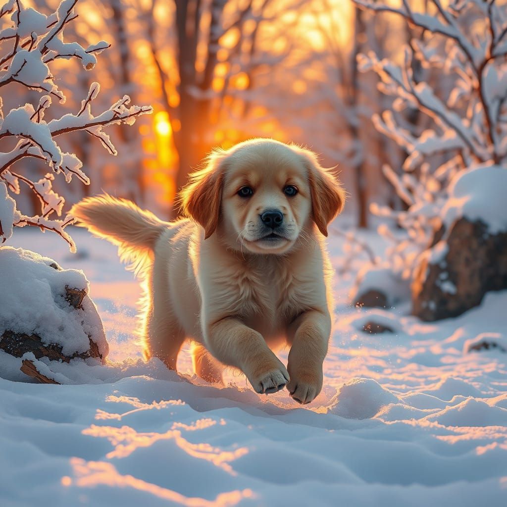 Golden Retriever Puppy Frolicking in Winter Wonderland