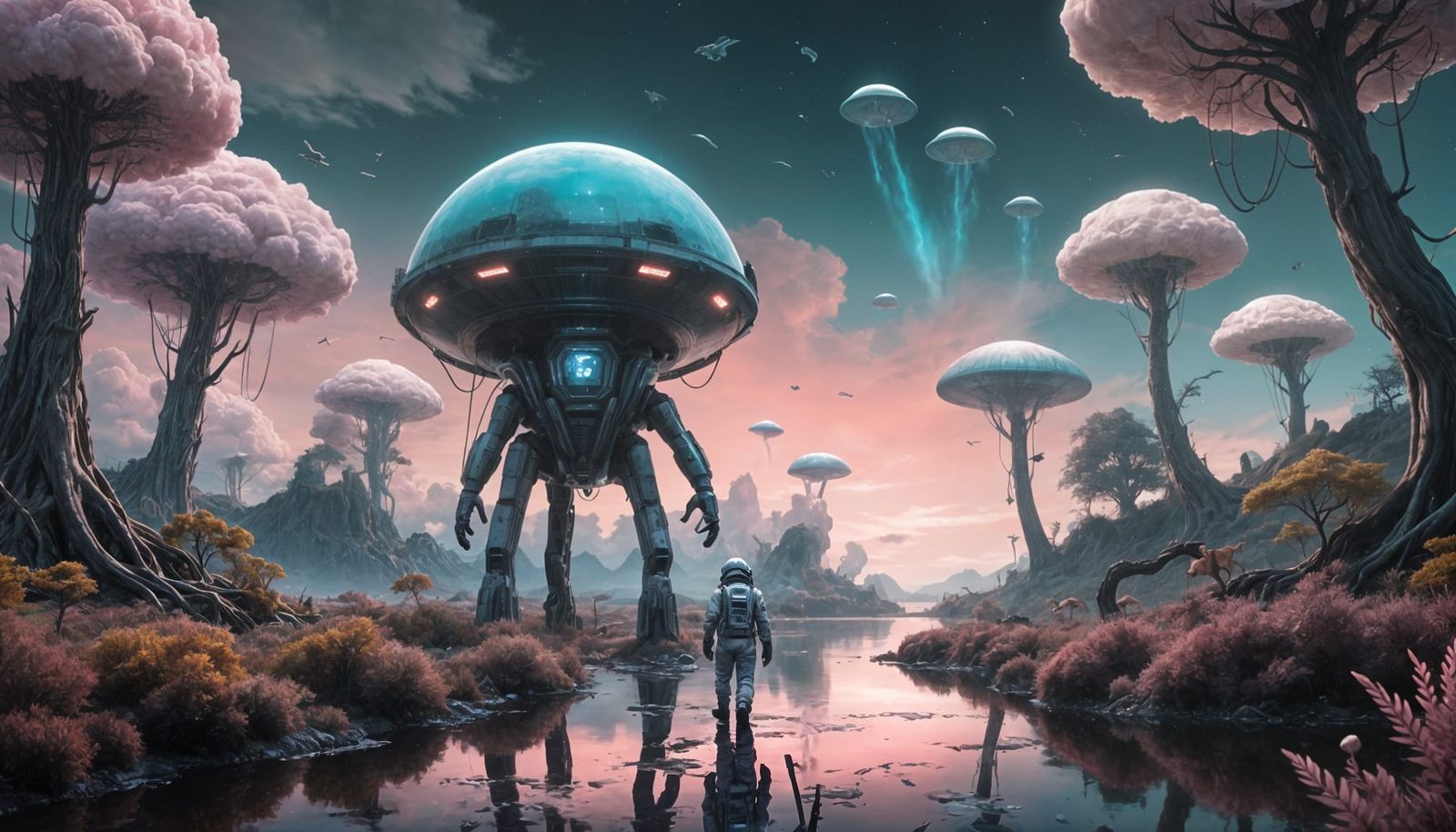 Astronaut Walks Alone in a Vibrant Alien Landscape