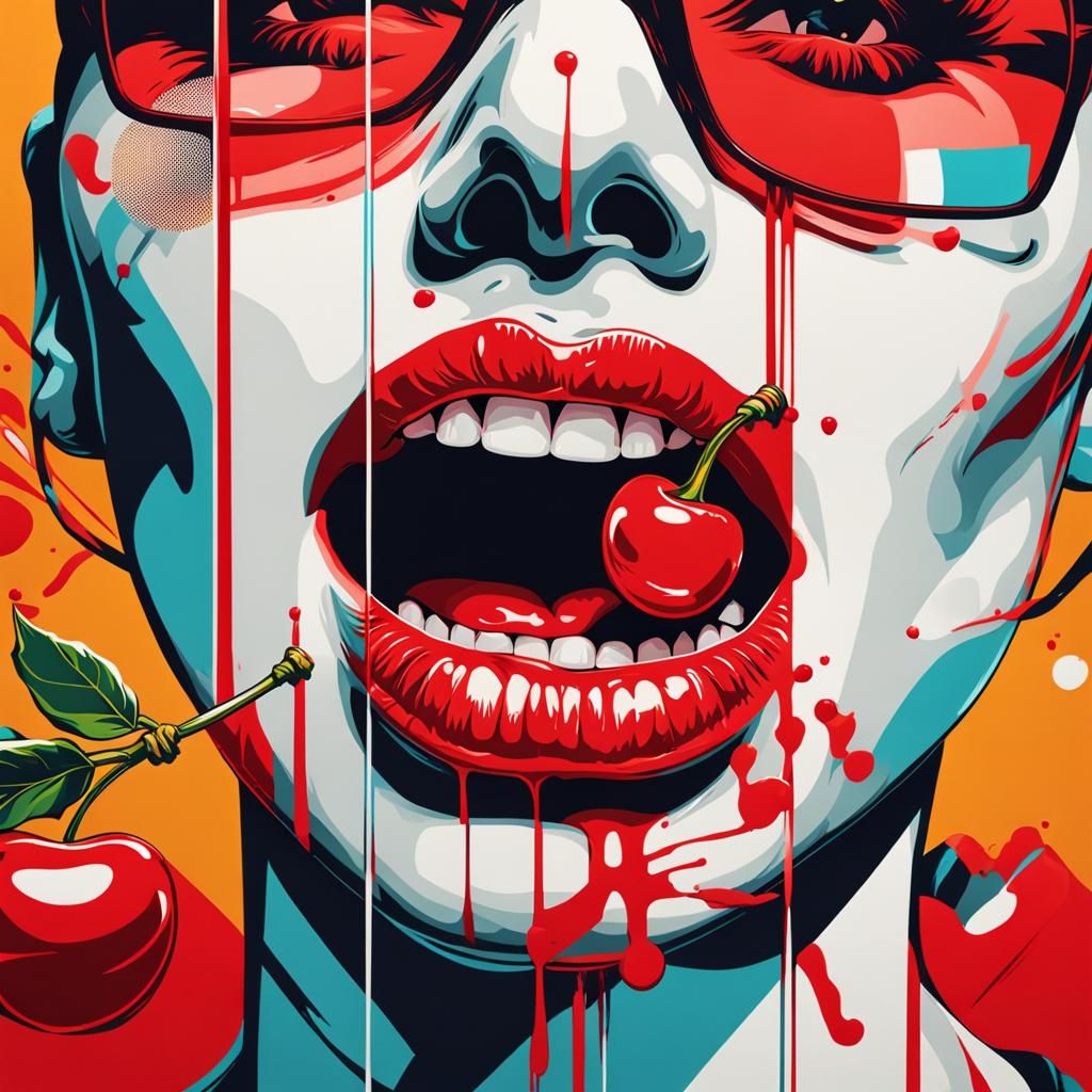 Red Lips Biting Cherry in Pop Art Style