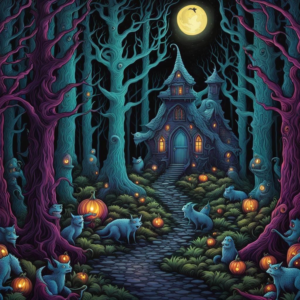 Haunted Woods with Monsters in Tim Burton Style