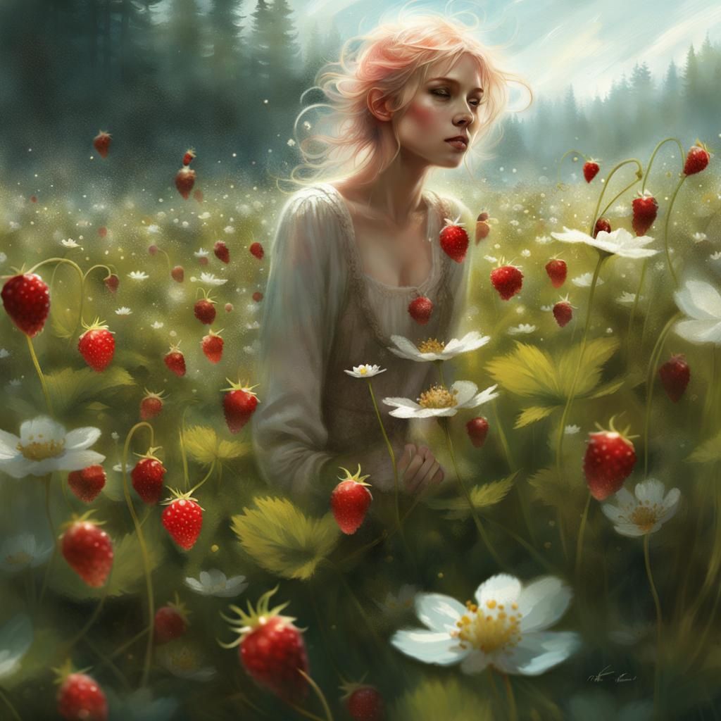 Wild Strawberries in Meadow: Colored Pencil Illustration