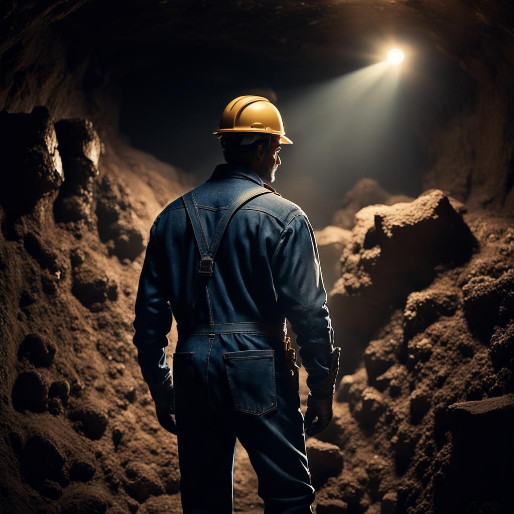 Turbulent Coal Miner in Dimly Lit Mine Shaft