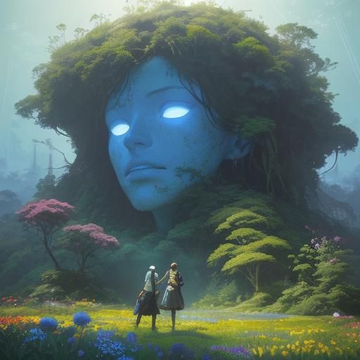 Youthful Figure Amidst Floral Halo: Digital Painting