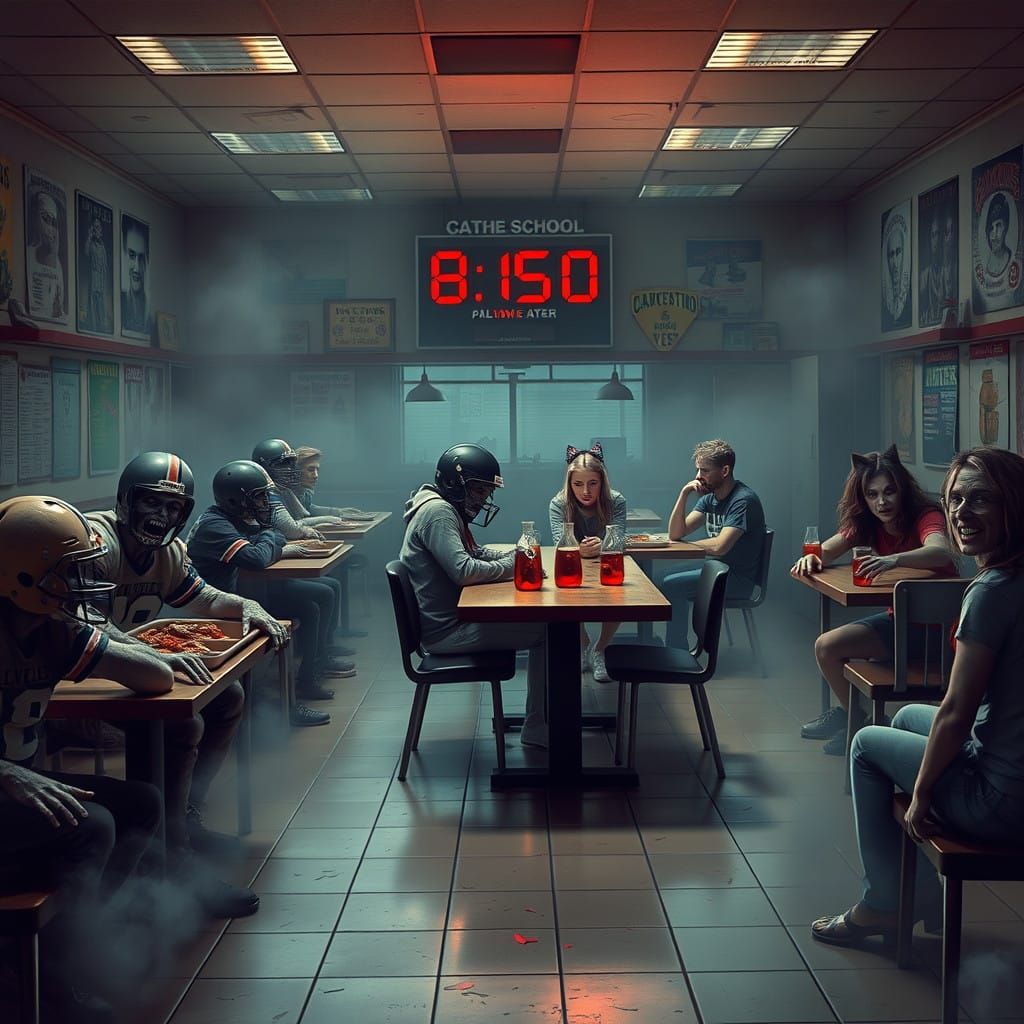 Ethereal High School Scene with Zombies, Vampires, and Werew...