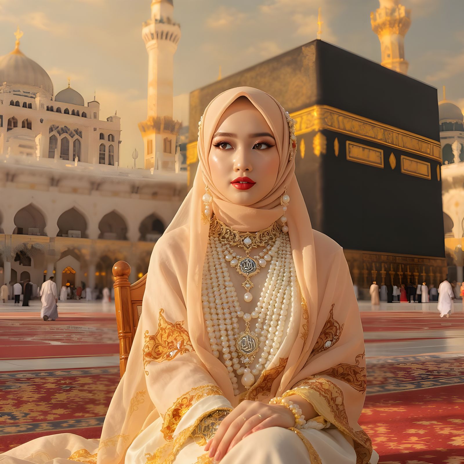 Elegant Hijab with Pearl Jewelry at the Ka'bah