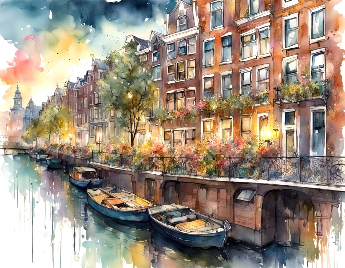 Amsterdam Canal at Dawn: Watercolour Fantasy