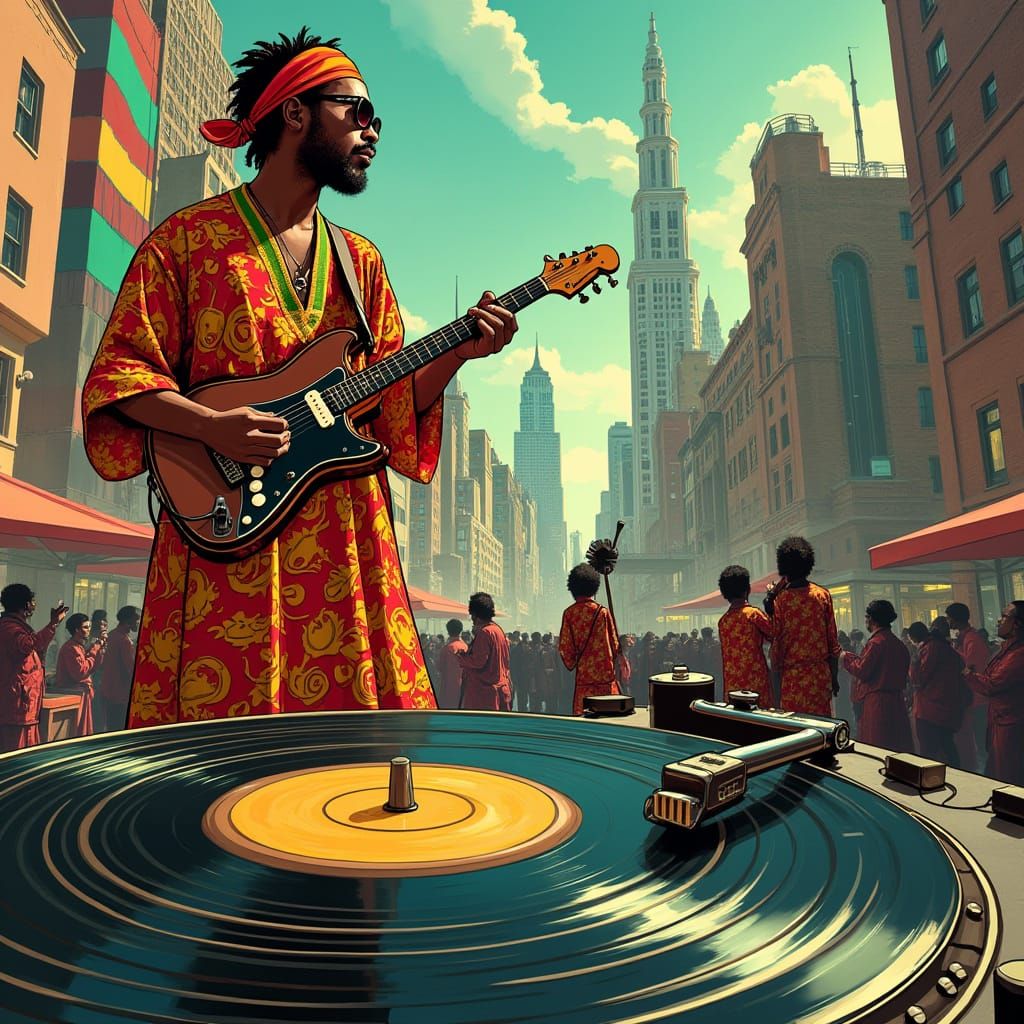 Reggae Band Performs on Giant Vinyl Record Player