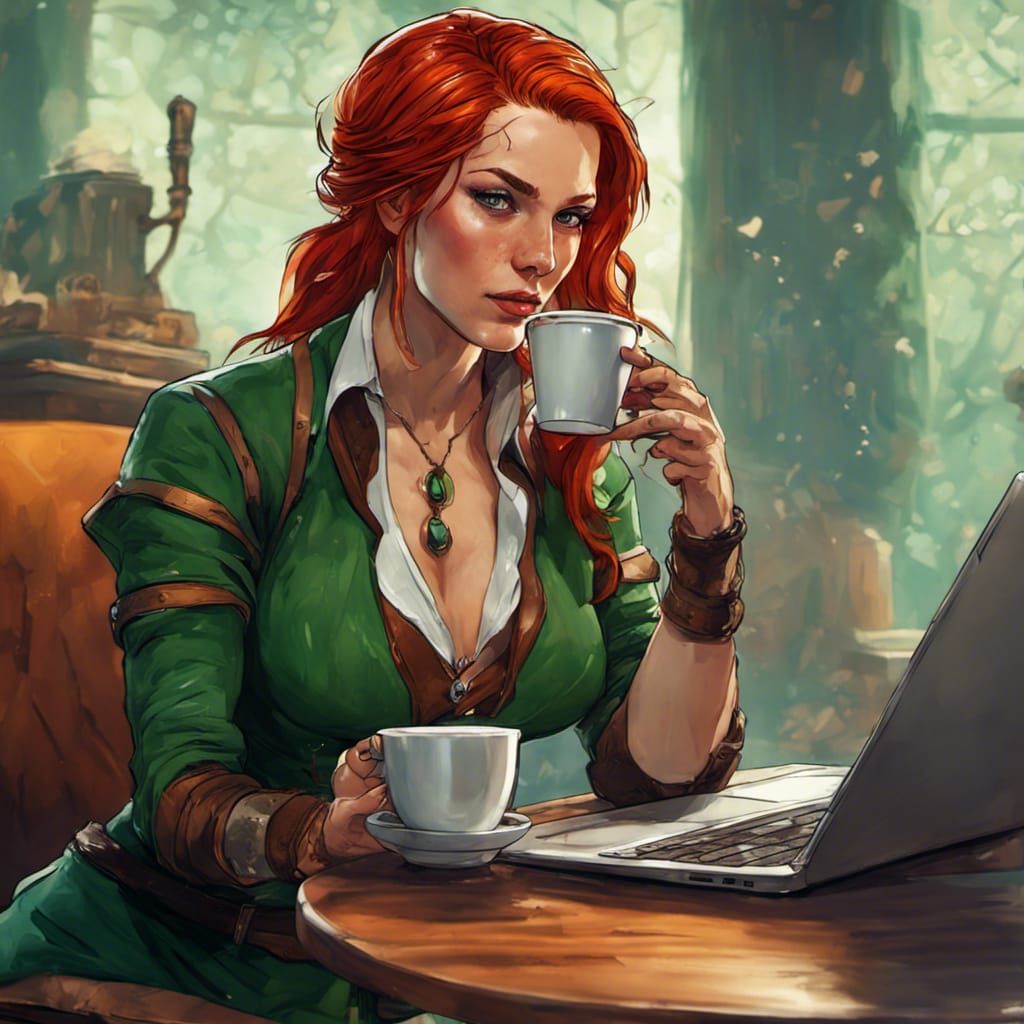 Hyperrealistic Triss Merigold Drinking Coffee
