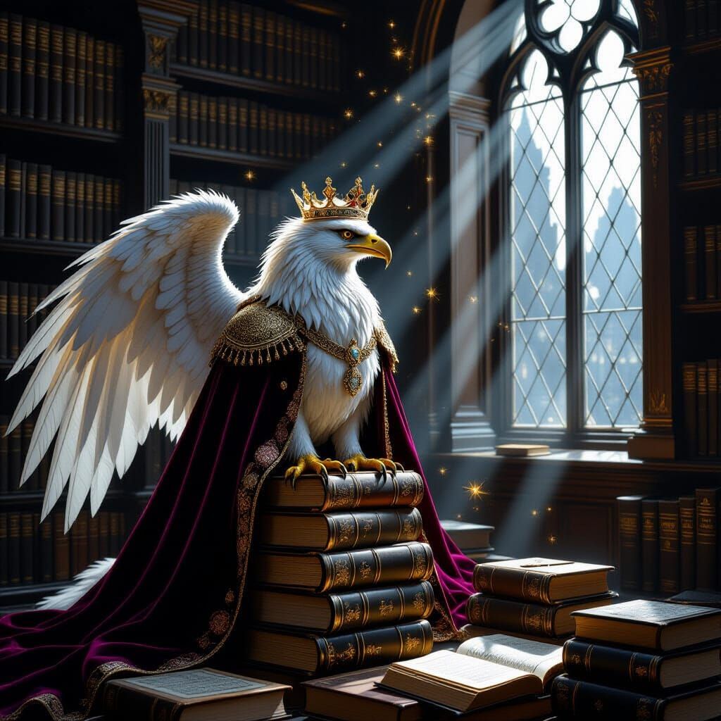 Majestic Griffin on Glowing Tomes in Moonlit Library