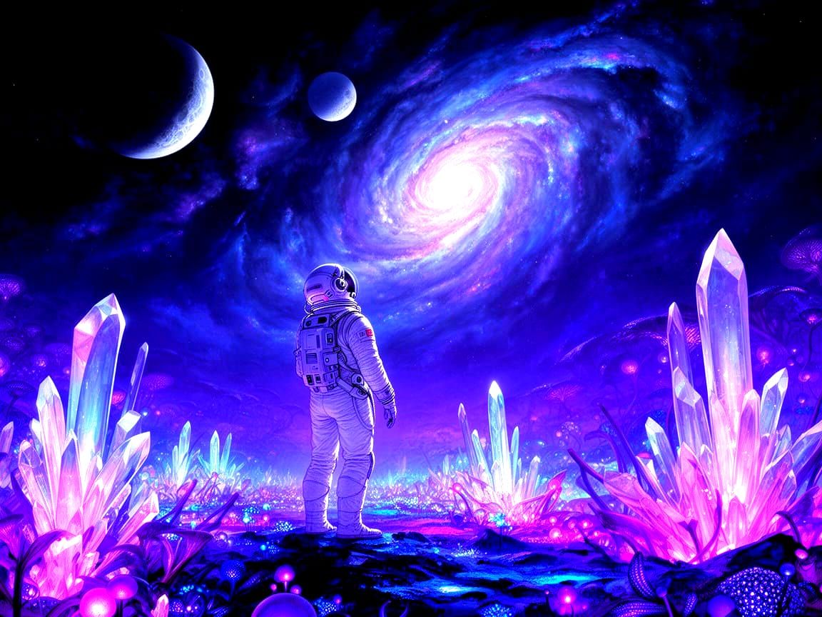 Astronaut on Alien Planet Under Nebulae Sky