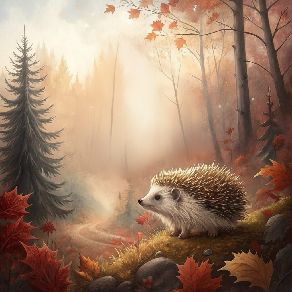Spiritual Watercolor of a Cute Hedgehog in Misty Autumn Fore...