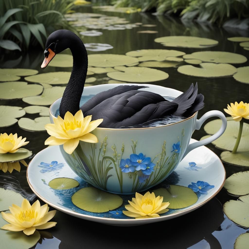 Swans in Teacup: Tranquil Water Garden in HDR