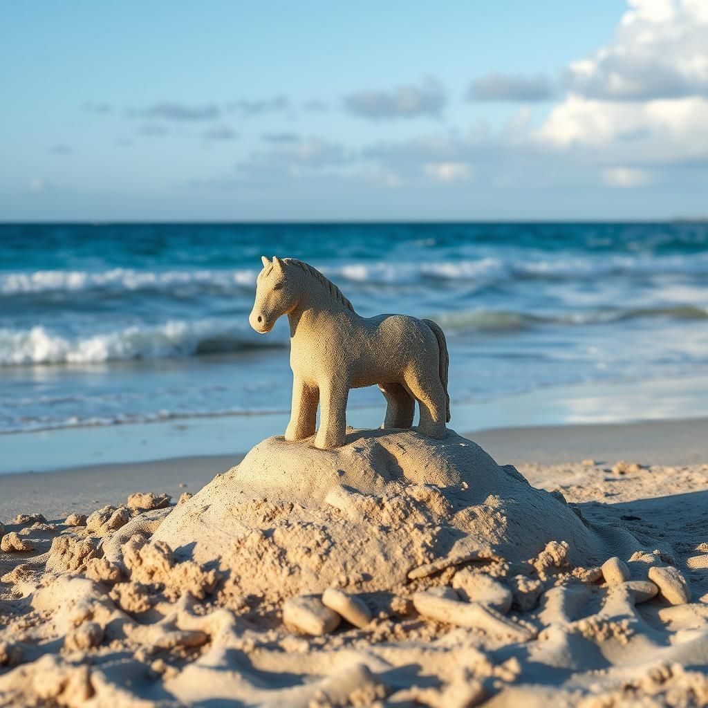 Horse Sandcastle on a Blue Water Beach