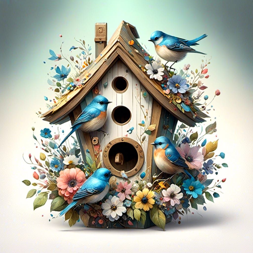 Whimsical 3D Watercolor Birdhouse with Bluebirds
