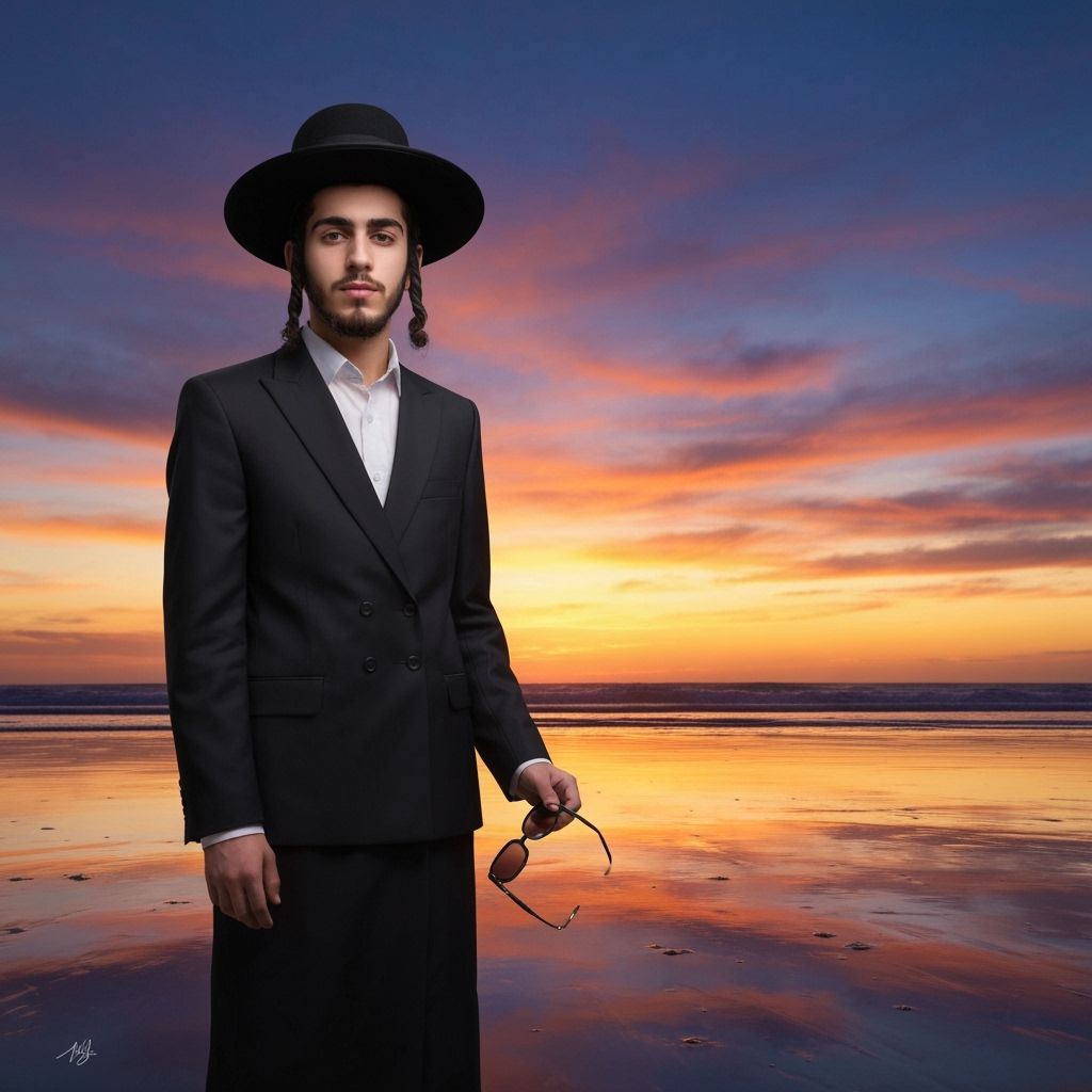 Haredi Man on Beach at Sunset in Digital Art Style