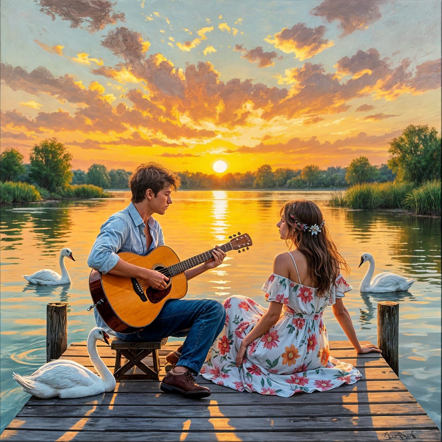 Romantic Sunset Oil Painting with Swans