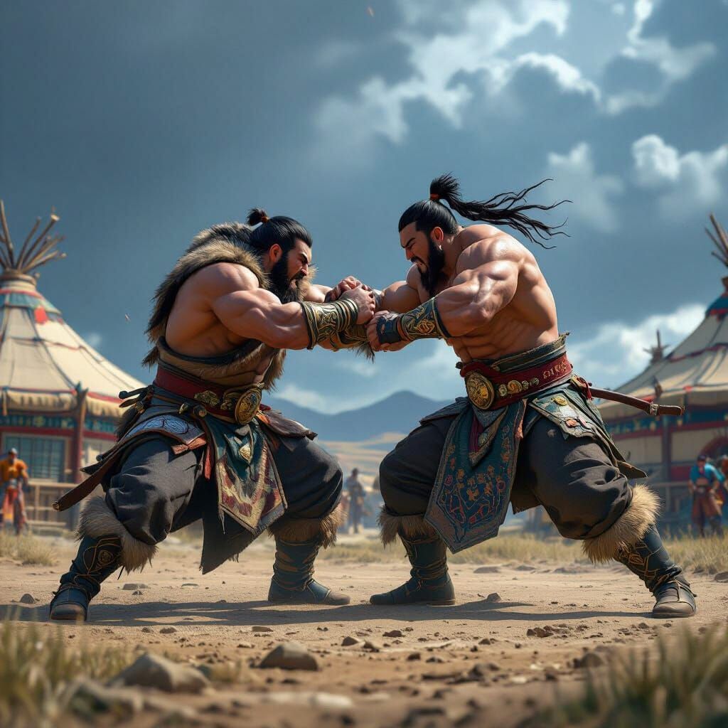 Mongolian Warriors Wrestling in Stormy Skies, 3D Anime Style