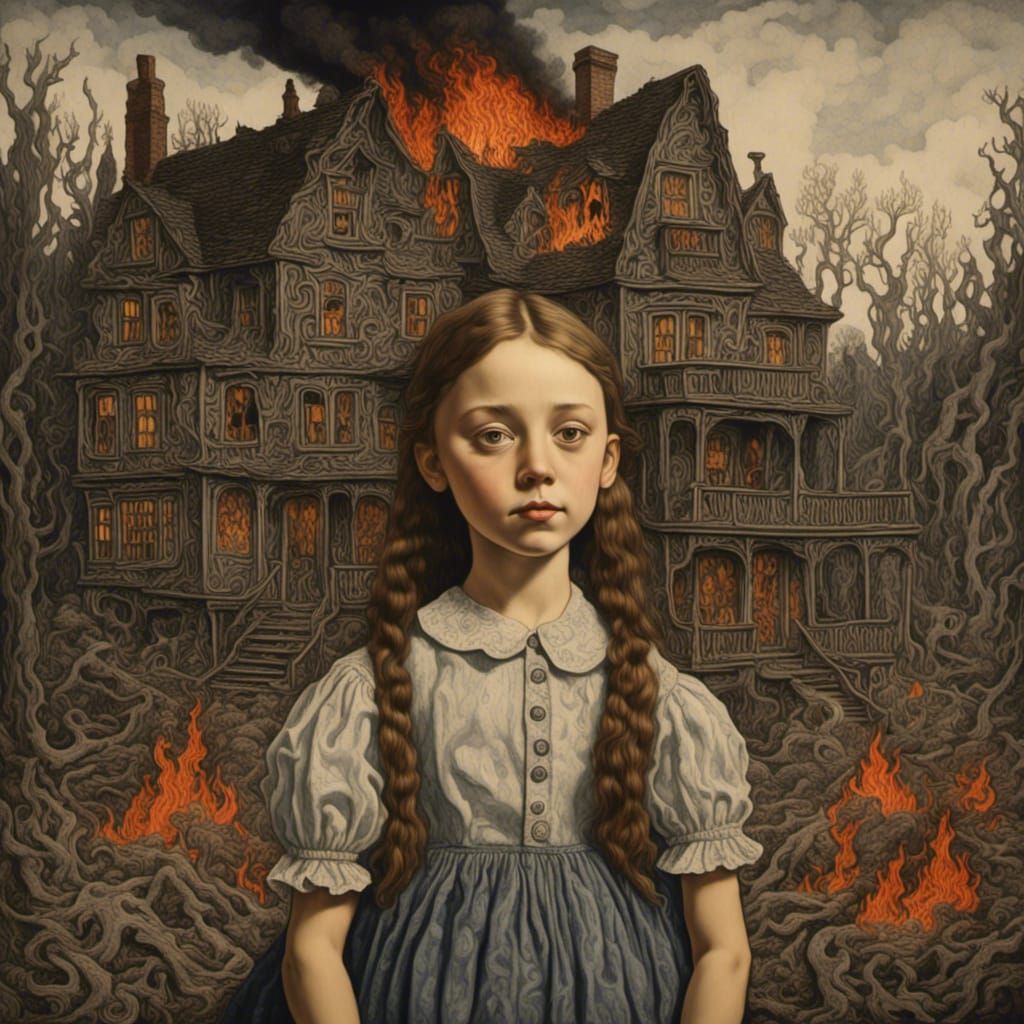 Girl Smiling as House Burns, Psychedelic Diorama