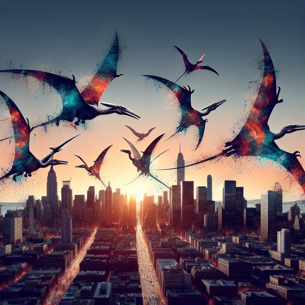 Pterodactyls Soaring Over Hyperrealistic Cityscape