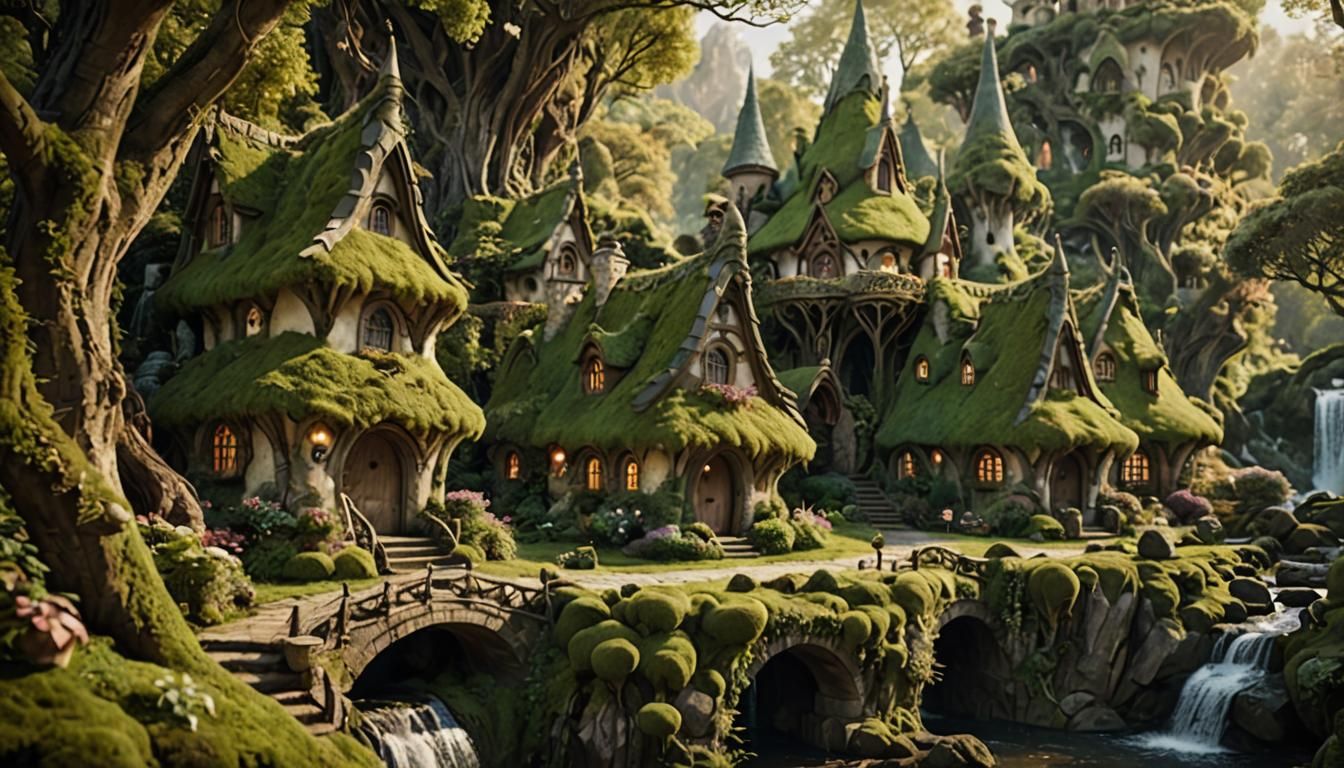 Elven Cottages by Waterfall in Ethereal Photography Style