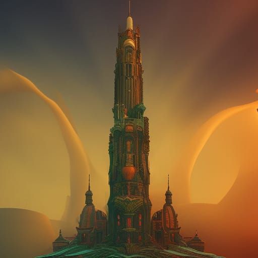 Ornate Tower at Dawn with Dramatic Shadows