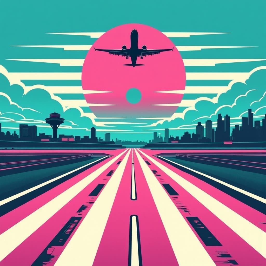 Vibrant Retro Airport Runway at Sunrise in Synthwave Style