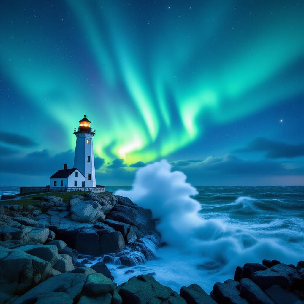 Lighthouse Amidst Storm Under Aurora Borealis