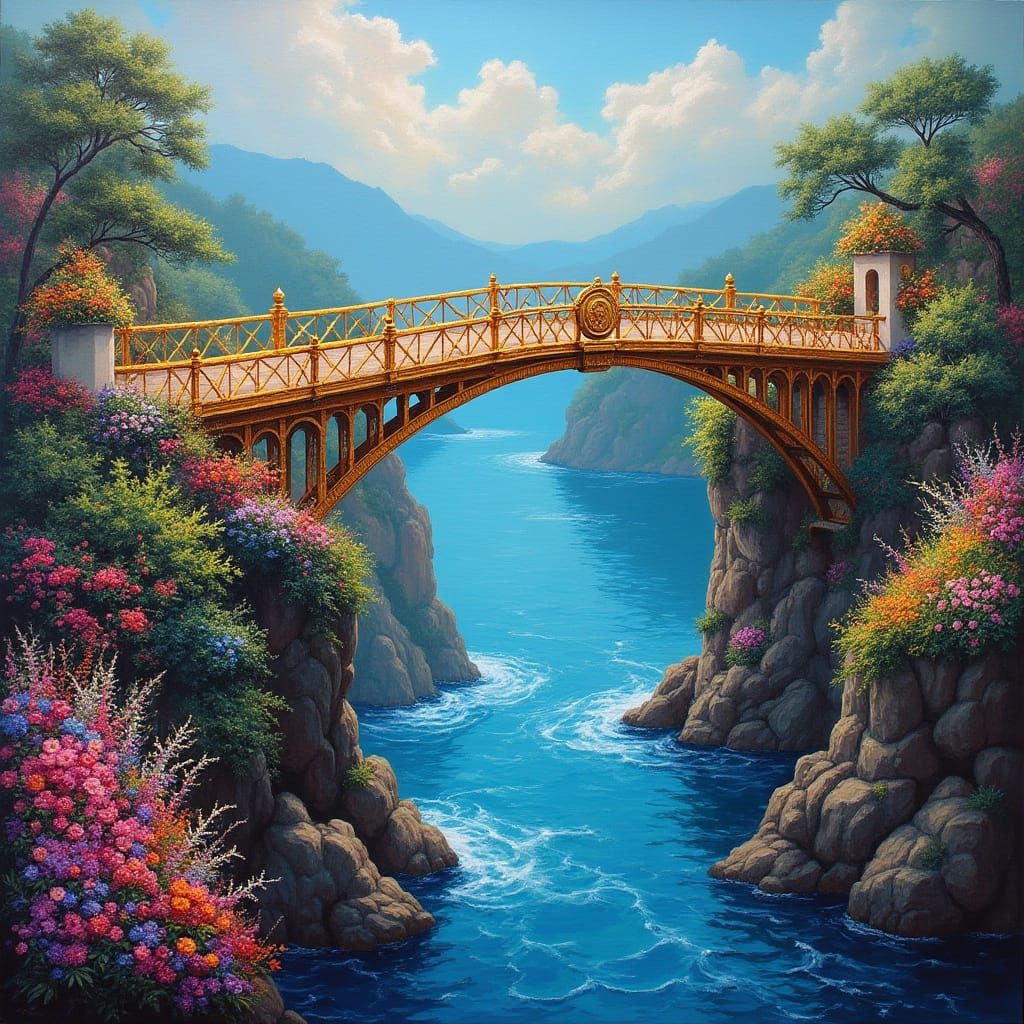 Elegant Opulent Rope Bridge Over Raging Lake to Vibrant Rain...