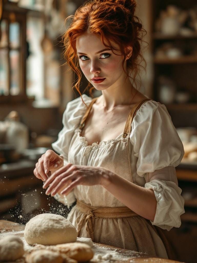 Redhead Baker in Kitchen with Soft Focus