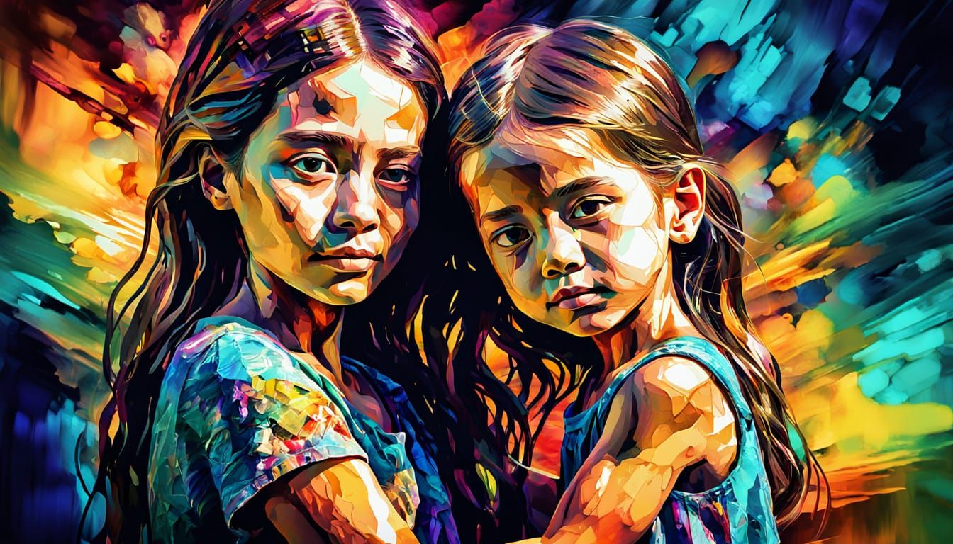 Mother and Child Portrait in Alcohol Ink Style