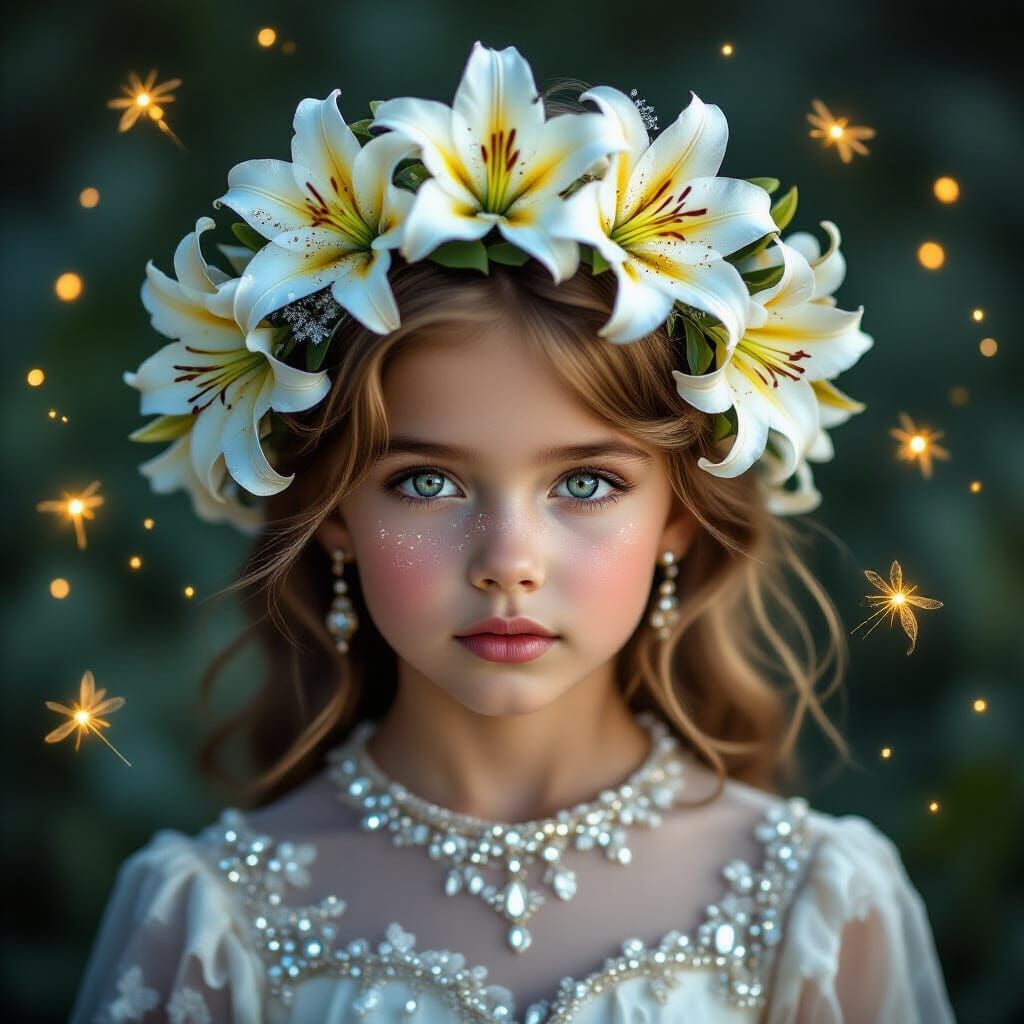 Ethereal Girl with Lily Crown and Fireflies