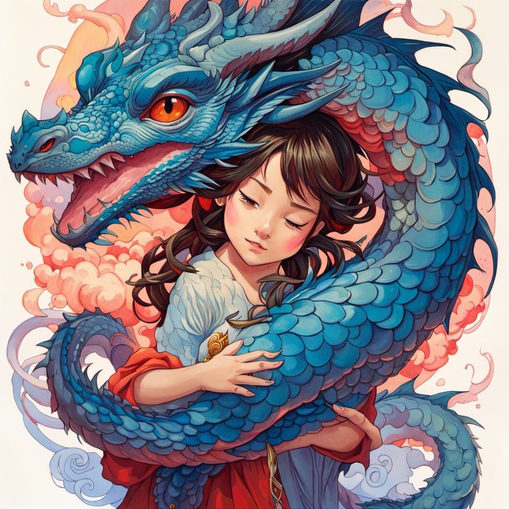 Anime Girl and Dragon in Gouache Style