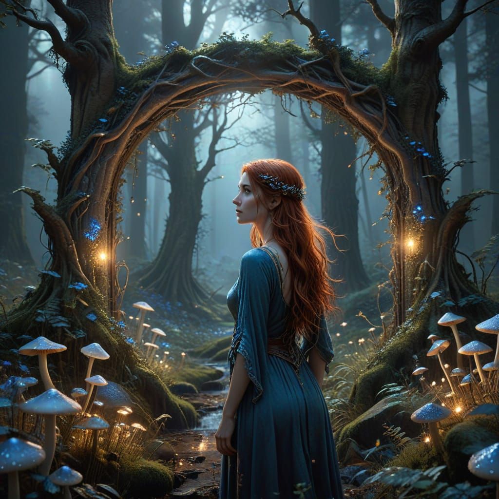 Auburn Haired Woman at Forest Portal, Fantasy Art