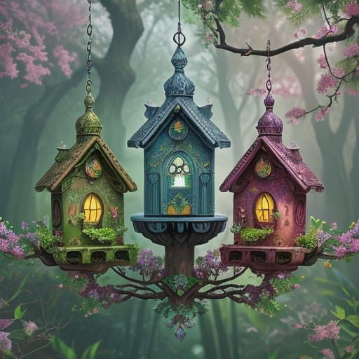 Enchanted Forest Birdhouses in Ethereal Light
