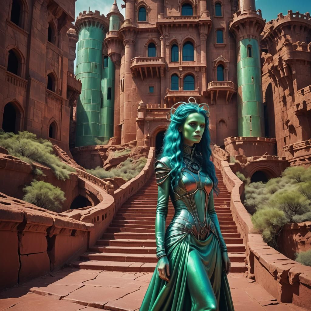 Martian Princess on Bronze Staircase in Tonalist Style