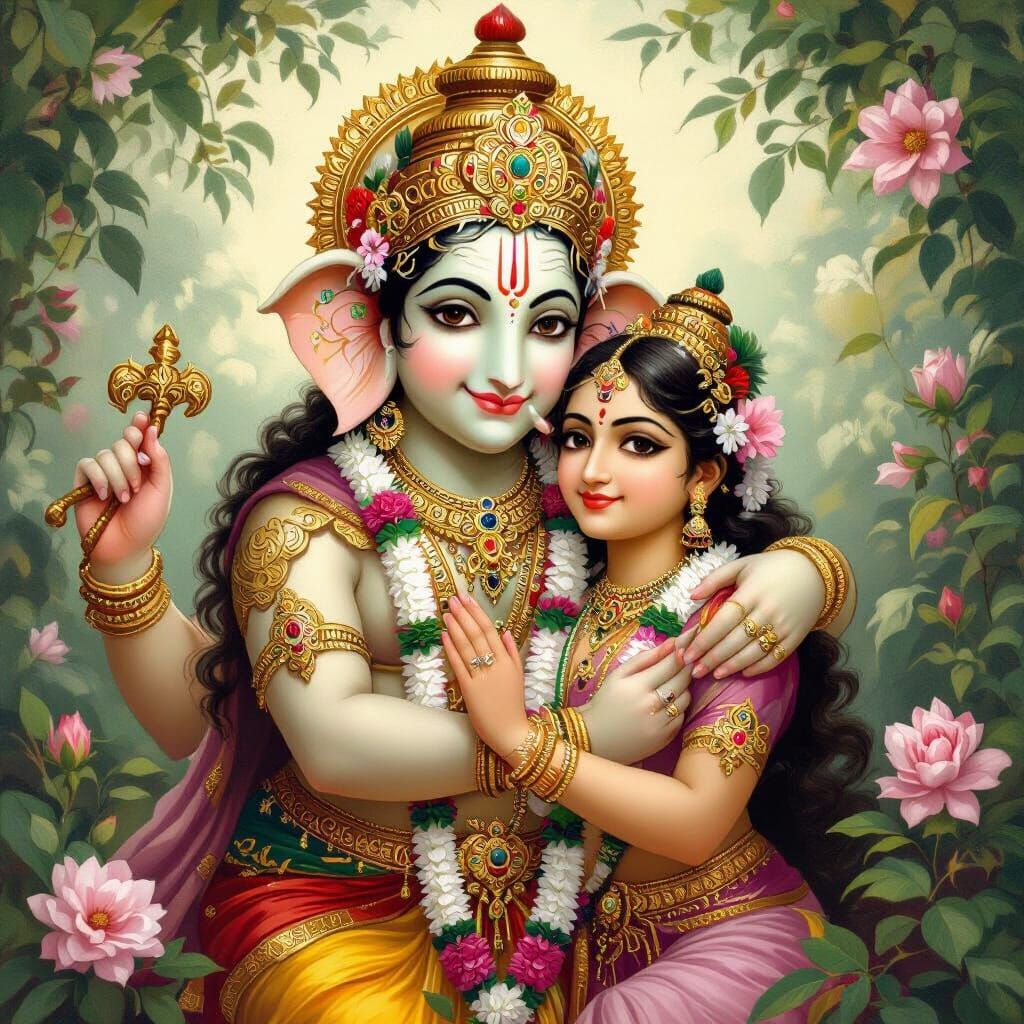 Ganesha and Parvati Embrace in Soft Light