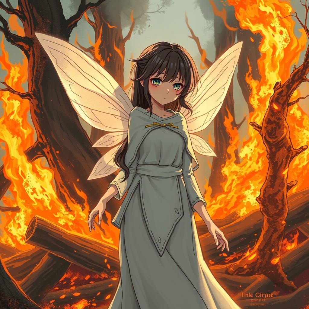 Tears of a Fairy as Her Home Burns in a Vibrant Anime Landsc...