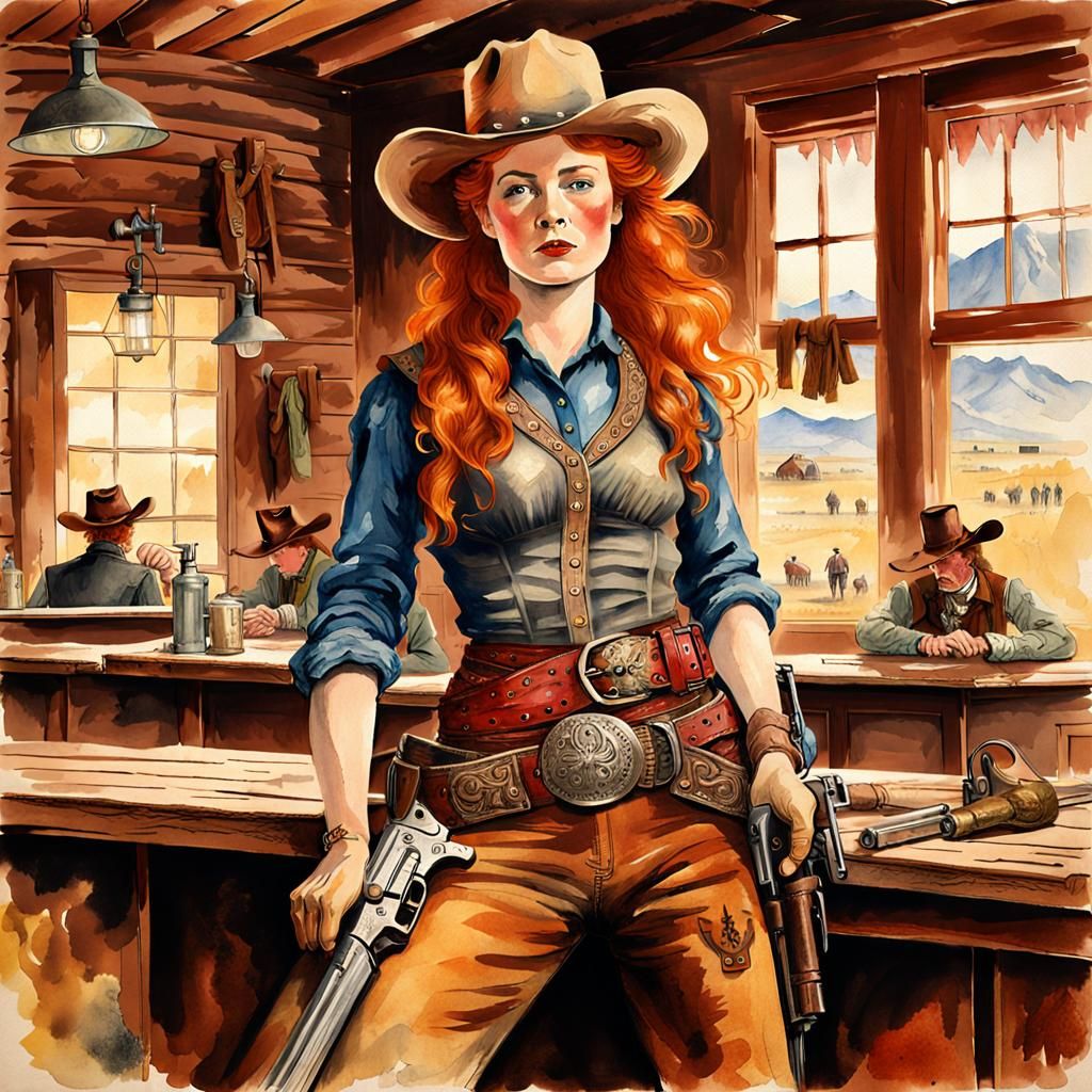Redhead Cowgirl in Saloon, Frontier Era Painting