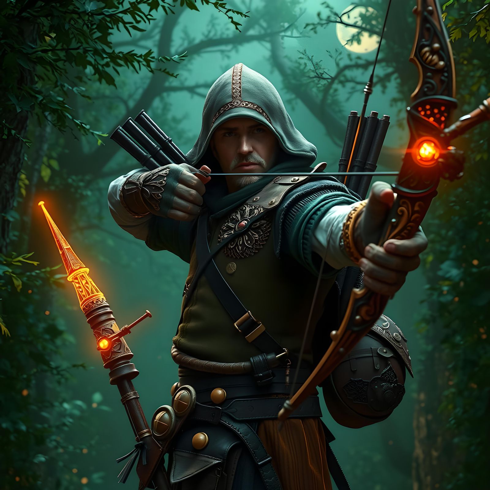 Robin Hood with Glowing Bow in Hyperrealistic Style