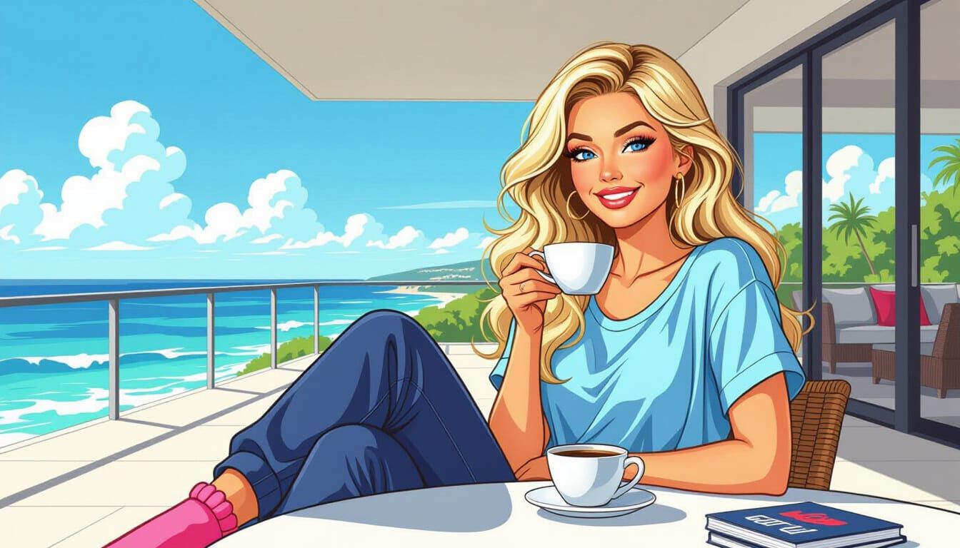 Blonde Woman Enjoys Coffee on Deck Overlooking Ocean