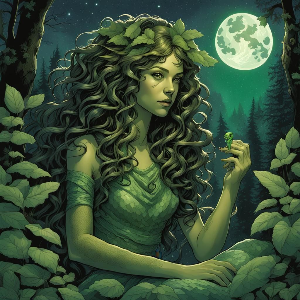 Dryad with Snake in Night Forest, Comic Book Art