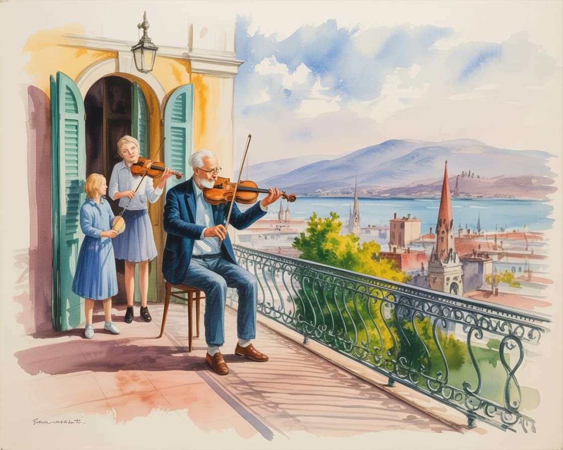 Grandfather Plays Violin for Grandchildren on Balcony Waterc...