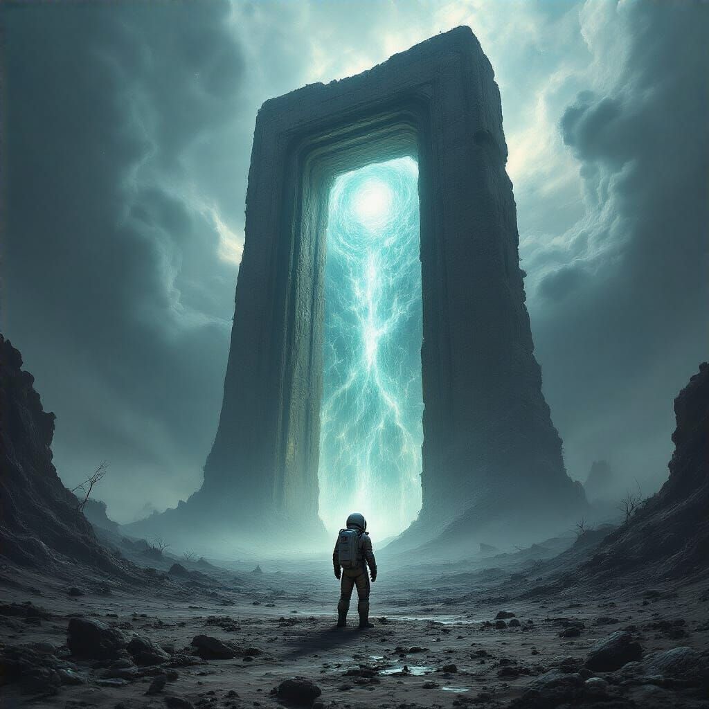 astronaut stands before ancient pulsatin' doorway